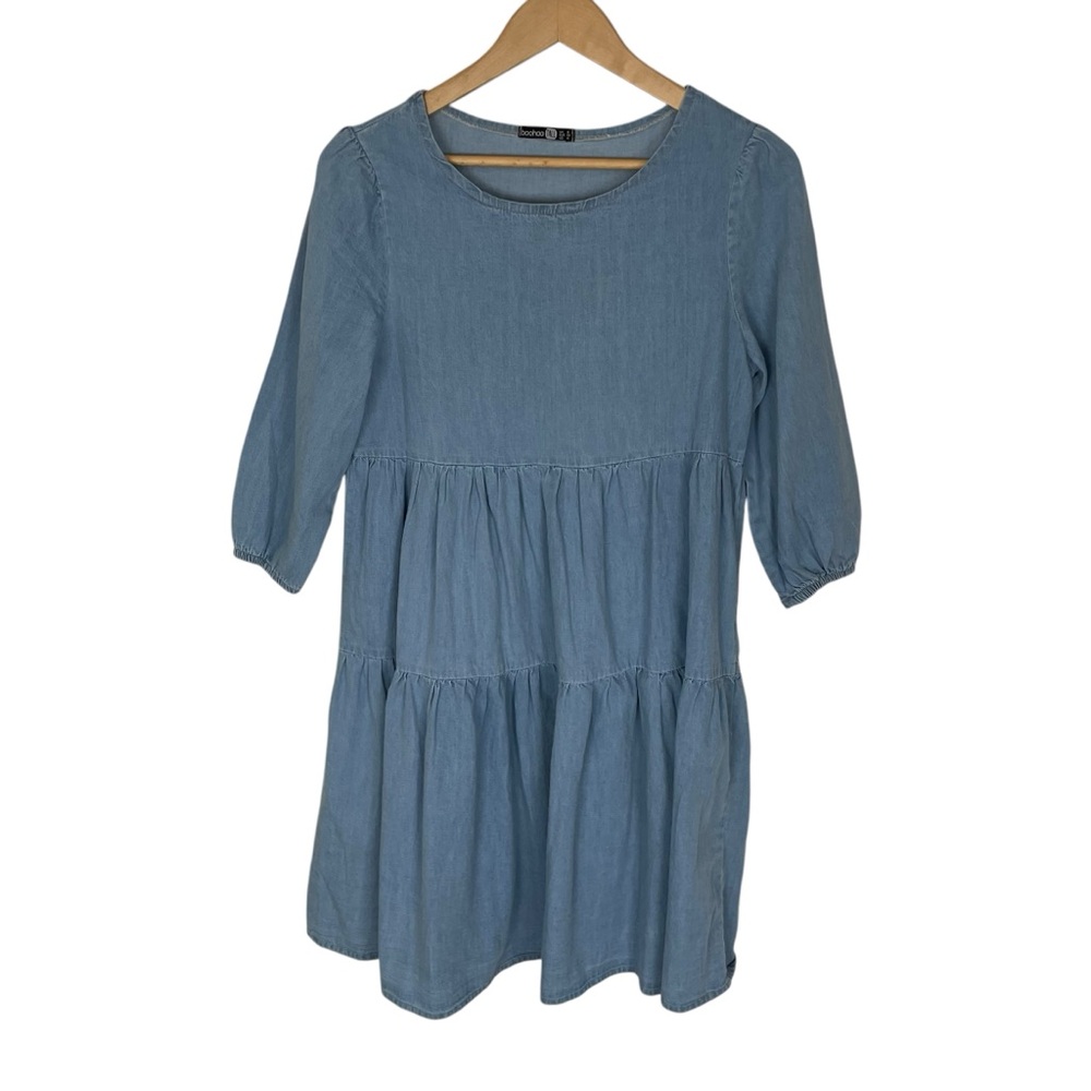 Boohoo Chambray Tiered Dress Midi Blue Size 4 Tall Denim‎
